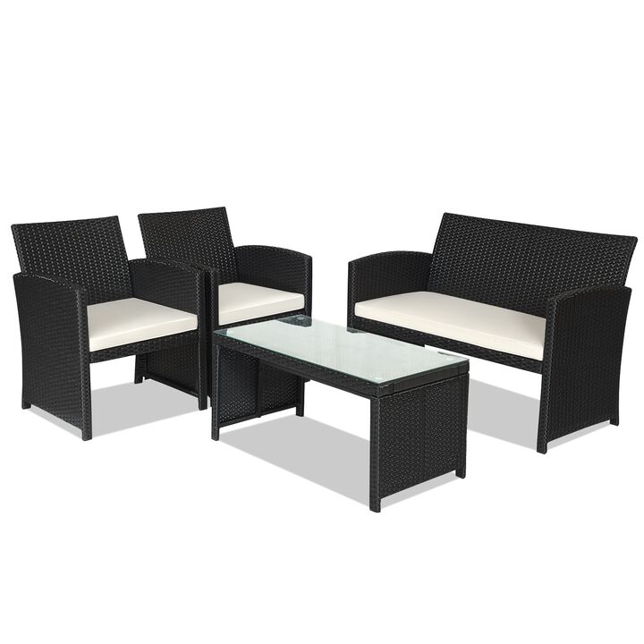4 Pieces Rattan Patio Furniture Set with Weather Resistant Cushions and Tempered Glass Tabletop