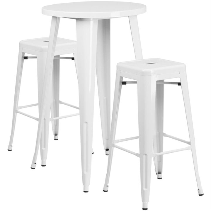 Flash Furniture Commercial Grade 24" Round White Metal Indoor-Outdoor Bar Table Set with 2 Square Seat Backless Stools