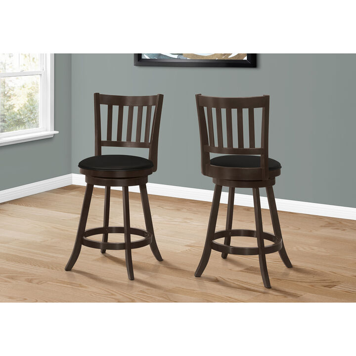 Monarch Specialties I 1237 Bar Stool, Set Of 2, Swivel, Counter Height, Kitchen, Wood, Pu Leather Look, Brown, Black, Transitional