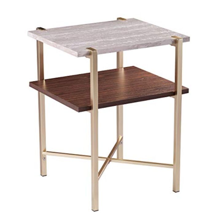 SEI Furniture Ardmillan Two-Tier Faux Marble Top Square End Table, Brass, Dark Tobacco, White