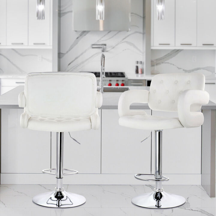 Elama Faux Leather Tufted Bar Stool in White with Chrome Base and Adjustable Height