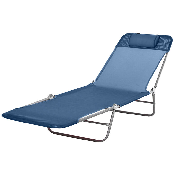 Outsunny Folding Chaise Lounge Chair, Pool Sun Tanning Chair, Outdoor Lounge Chair with 5-Position Reclining Back, Breathable Mesh Seat, Headrest for Beach, Yard, Patio, Dark Blue
