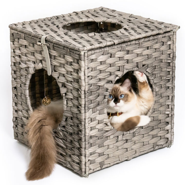 Rattan Cat Litter,Cat Bed with Rattan Ball and Cushion,Grey