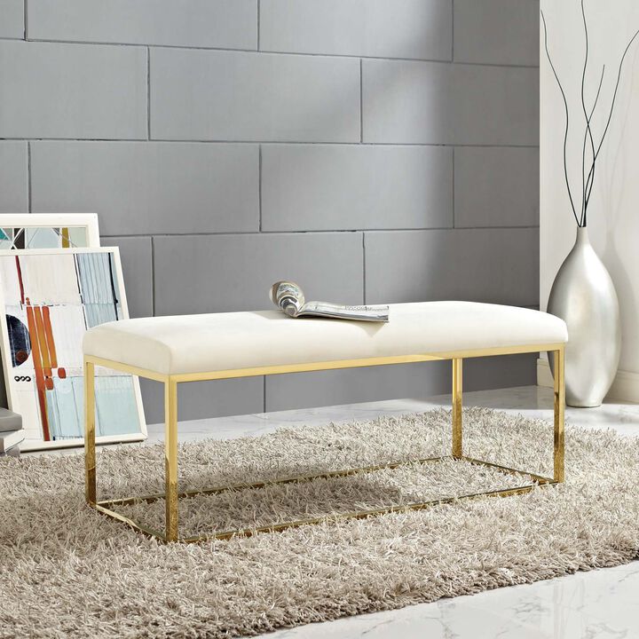 Modway Anticipate Velvet Upholstered Modern Bench With Stainless Steel Frame in Gold Ivory