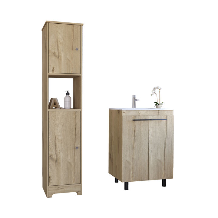 Hartford 2 Piece Bathroom Set, Yaka Linen Cabinet + Dustin Free Standing Sink Cabinet , Light Oak