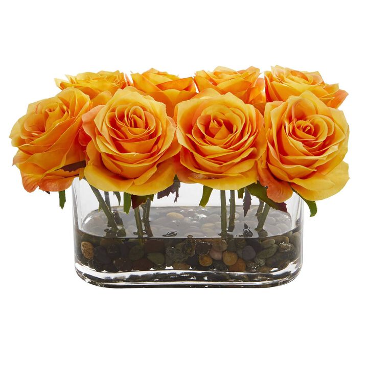 Nearly Natural 5.5-in Blooming Roses in Glass Vase Artificial Arrangement