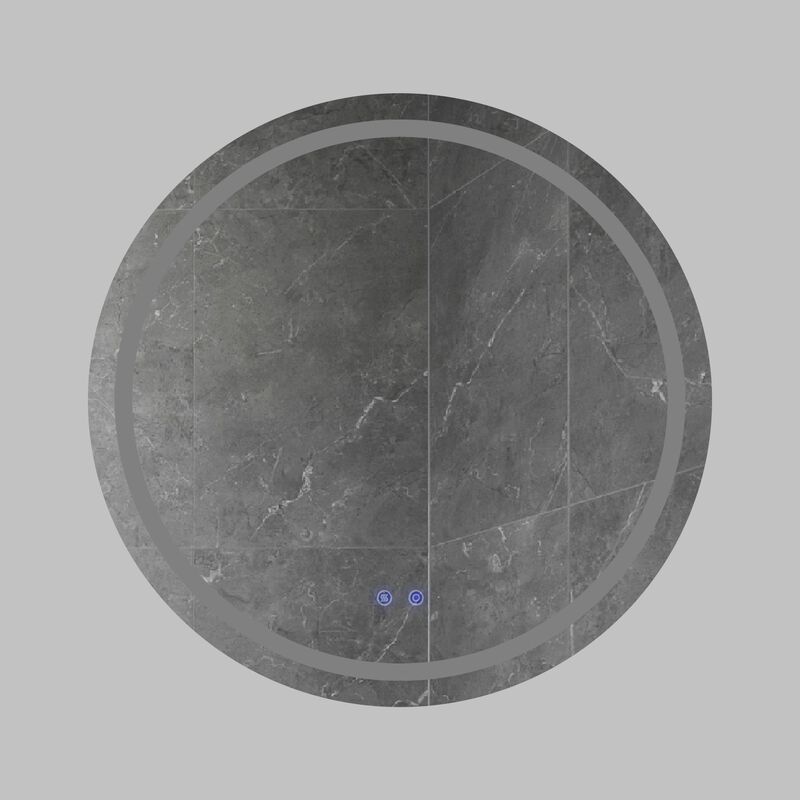 32 x 32 Inch Round Frameless LED Illuminated Bathroom Mirror, Touch Button Defogger, Metal, Frosted Edges, Silver-Benzara