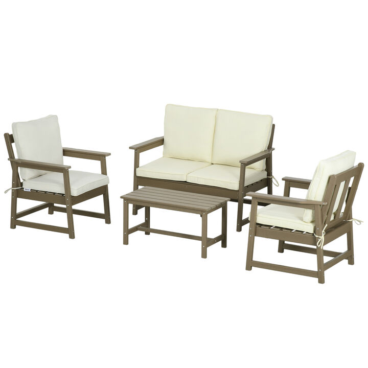 Outsunny 4 Pieces Patio Furniture Set with Cushion, HDPE Conversation Sofa Set with Two Armchair, Loveseat, and Slatted Top Coffee Table, Cream White