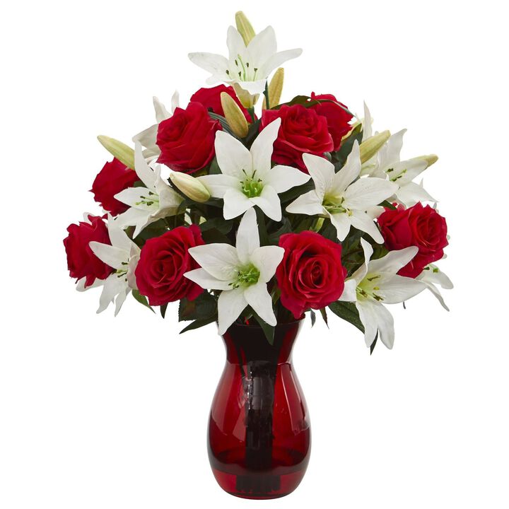 Nearly Natural 21-in Roses & Lilies Artificial Arrangement in Red Vase