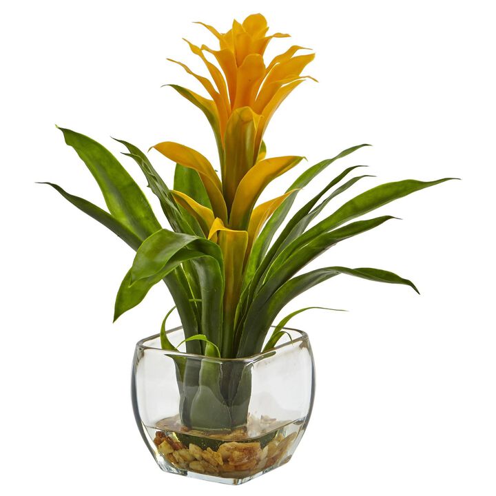Nearly Natural 12-in Bromeliad with Vase Arrangement Yellow