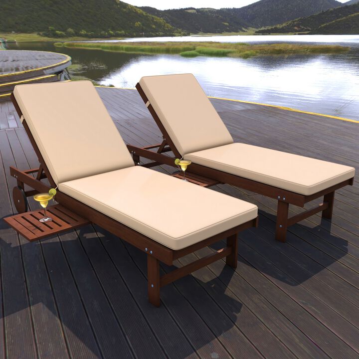 Seabrook Outdoor Acacia Wood Lounger with Cushion Position Back Slide Table Wheels