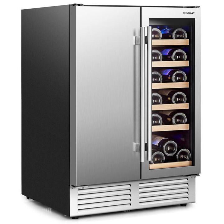 2-in-1 Beverage and Wine Cooler with Independent Temperature Control and LED Lights-Silver