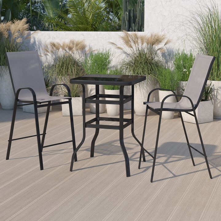 Flash Furniture Brazos Bar Table Set - 3 Piece Glass Brazos Bar Table with 2 Gray Patio Bar Stools - Brazos Outdoor Chairs