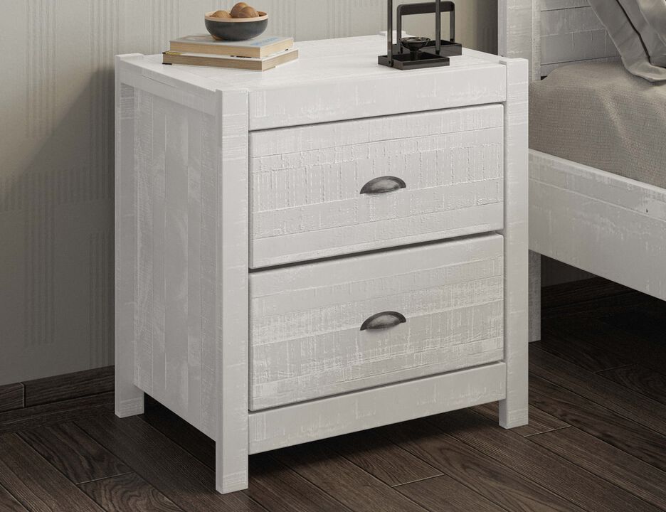 Homezia 24" White Distressed Solid Wood Two Drawer Nightstand