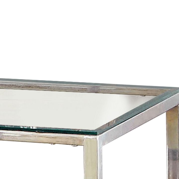 Metal Square End Table, Glass Top, Open Shelf, Chrome-Benzara