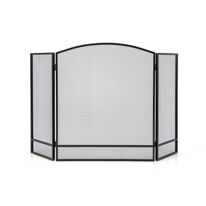 3-Panel Foldable Fireplace Screen with Wrought Metal Mesh-Black