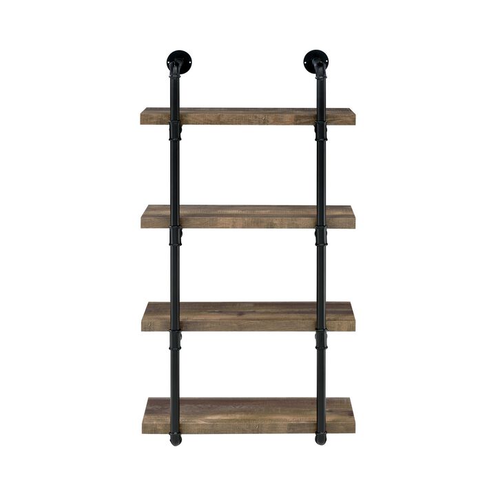 Wall Shelf with 4 Shelves and Piped Metal Frame, Brown and Black-Benzara