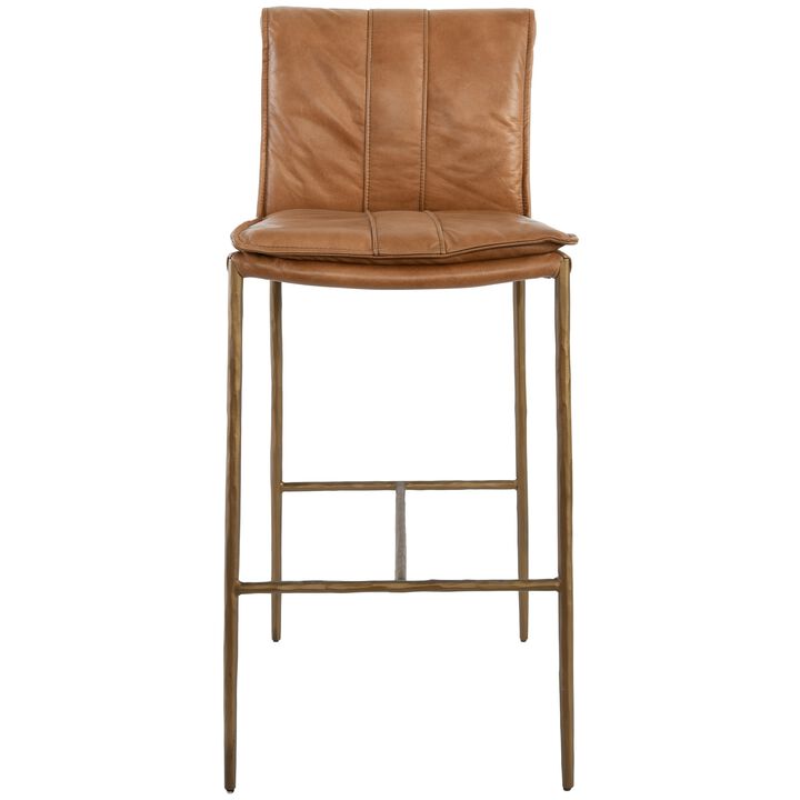 Iva 31 Inch Bar Stool Chair, Padded, Rolled Back, Tan Top Grain Leather-Benzara