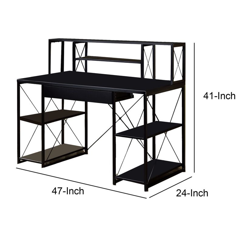 Industrial Style Desk with 4 Open Selves and Bookcase Hutch, Black-Benzara