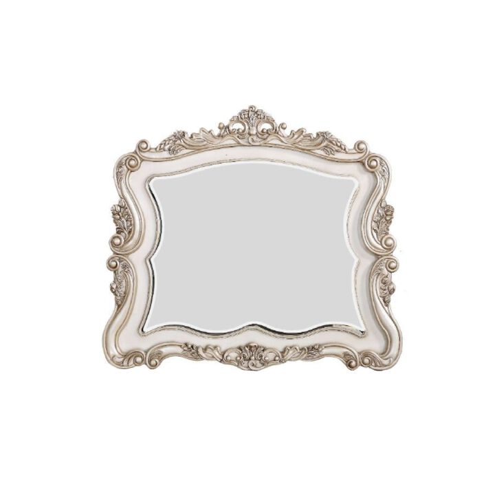 50 Inch Solid Wood Mirror, Scalloped, Scroll Ornate Trim, Antique White-Benzara