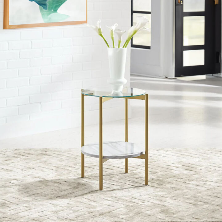 Glass Top Metal End Table with Marble Shelf, Gold and White-Benzara