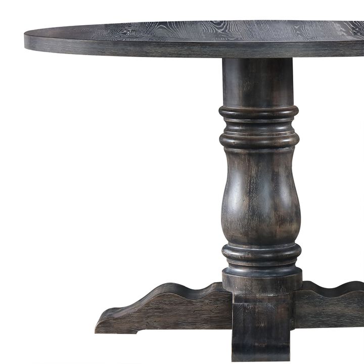 Wooden Round Dining Table With Heavy Pedestal Feet, Weathered Gray-Benzara