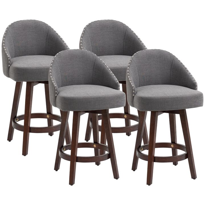26" Counter Height Bar Stools, Linen Fabric Kitchen Stools with Nailhead Trim, Rubber Wood Legs and Footrest for Dining Room, Counter, Pub, Set of 4, Dark Gray