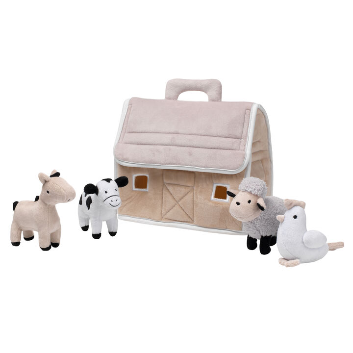 Lambs & Ivy Baby Farm Plush Barn with 4 Stuffed Animals Toy - Taupe/Gray/White
