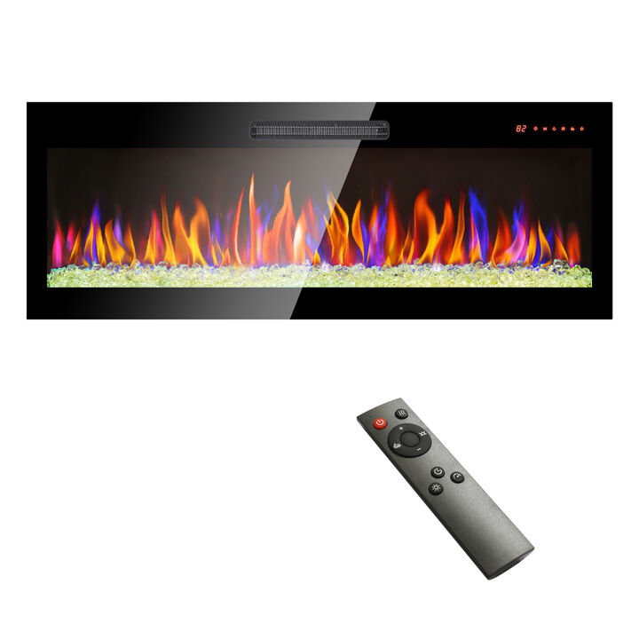 50 inch recessed ultra thin tempered glass front wall mounted electric fireplace with remote and multi color flame & emberbed, LED light heater