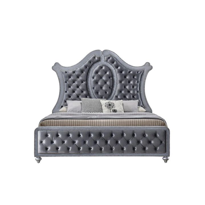 Benjara Rall Queen Size Bed, Curved Wood Headboard, Tufted Gray Fabric Upholstery
