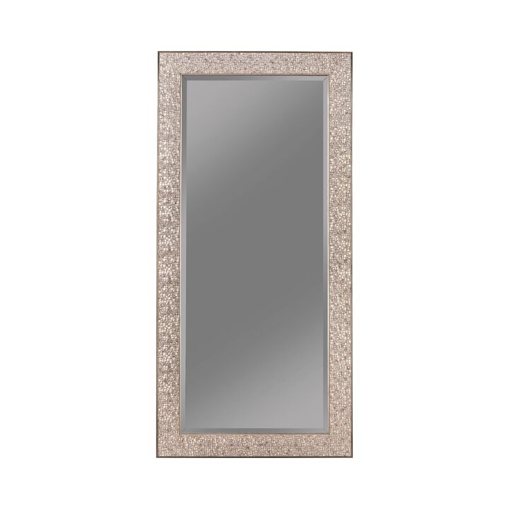Rectangular Beveled Accent Floor Mirror with Glitter Mosaic Pattern, Silver-Benzara