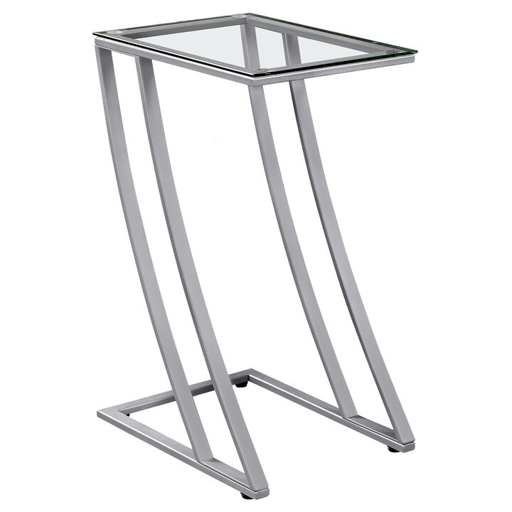 Monarch Specialties I 3090 Accent Table, C-shaped, End, Side, Snack, Living Room, Bedroom, Metal, Tempered Glass, Grey, Clear, Contemporary, Modern