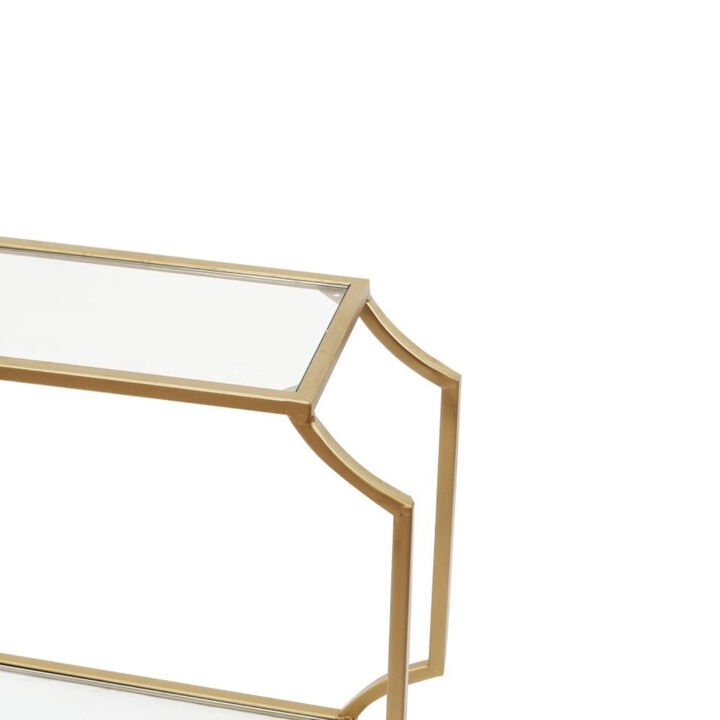 Metal Wall Shelf with Two Glass Shelves and Smooth Chamfered Corners, Gold and Clear-Benzara