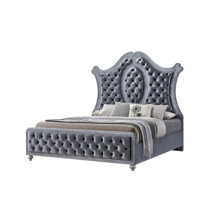 Benjara Rall Queen Size Bed, Curved Wood Headboard, Tufted Gray Fabric Upholstery