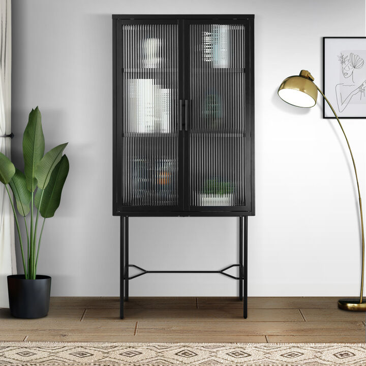 Elegant Floor Cabinet with 2 Tempered Glass Doors Living Room Display Cabinet with Adjustable Shelves Anti-Tip Dust-free Easy Assembly Black Color