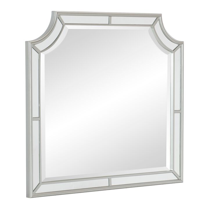 Wooden Frame Mirror with Clipped Corners and Mirror Trim, Silver-Benzara