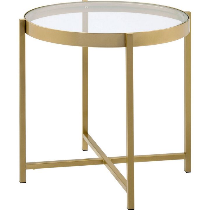 End Table with Round Glass Top and Metal Frame, Gold-Benzara