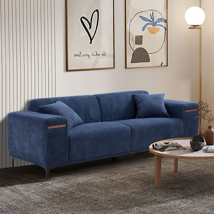90" Mid-Century 3 Seater Sofa with 2 Stretchable Walnut Pad Modern Fabric Upholstered Sofa for livingroom lobby office Blue