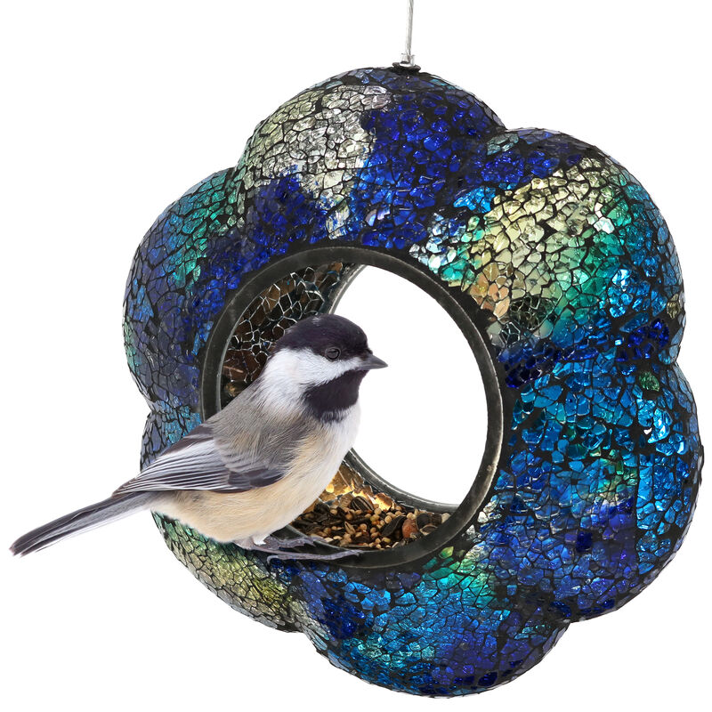 Sunnydaze Glass Indigo Flower Mosaic Fly-Through Hanging Bird Feeder - 10 in
