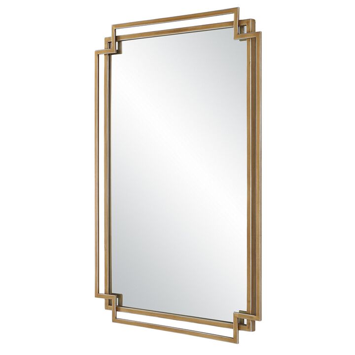 22 x 34 Rectangular Accent Mirror with Two Overlapping Frames, Brushed Gold-Benzara