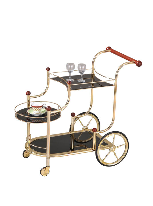 ACME Lacy Serving Cart, Gold Plated, Cherry Wood & Black Glass