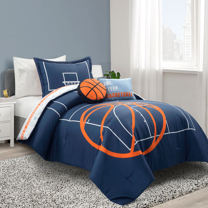 Basketball Game Reversible Oversized 5 Piece Comforter Set - Cozy & Soft Kids Sports Themed Bedding Set - Full/ Queen, Black & Orange