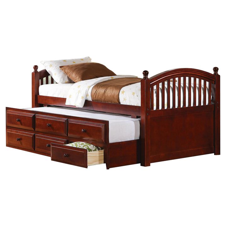 Wooden Twin Size Daybed with Trundle and Three Spacious Drawers, Brown-Benzara