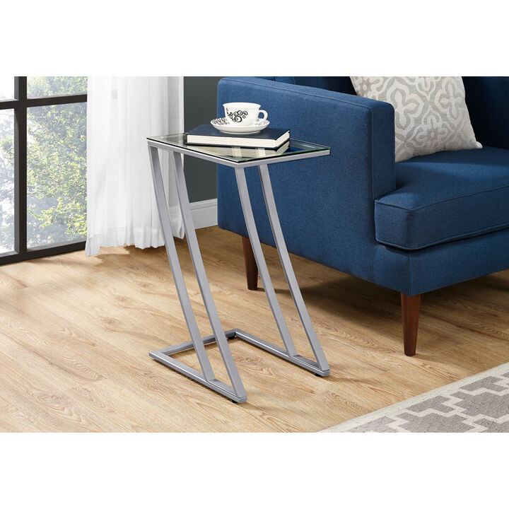 Monarch Specialties I 3090 Accent Table, C-shaped, End, Side, Snack, Living Room, Bedroom, Metal, Tempered Glass, Grey, Clear, Contemporary, Modern