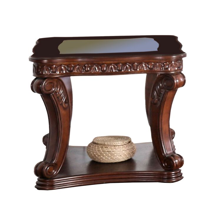 Traditional End Table with Cabriole Legs and Wooden Carving, Brown-Benzara