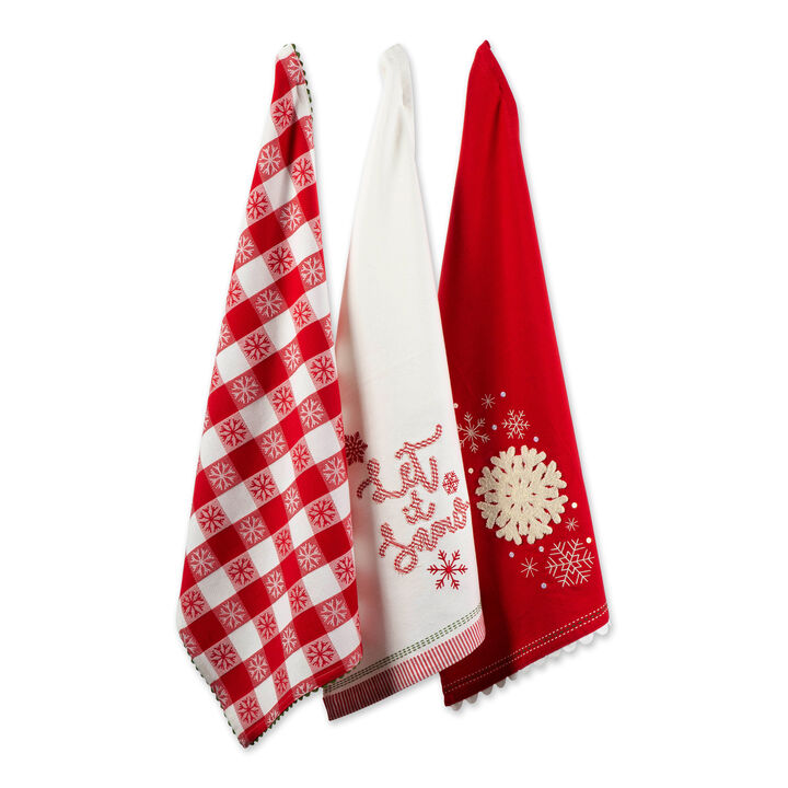 Set of 3 Let it Snow White and Red Dish Towels  28"