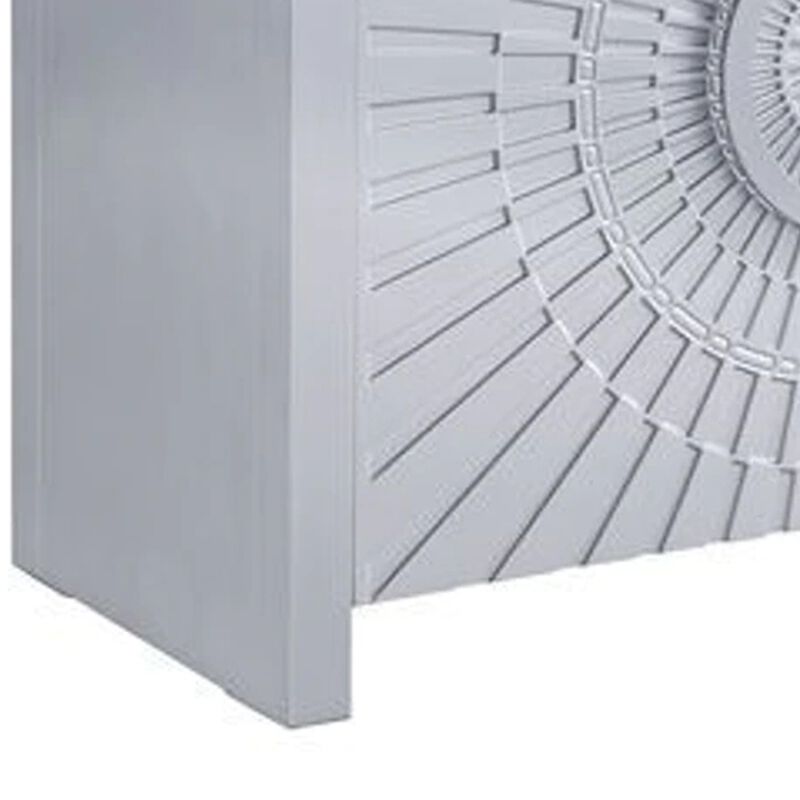 37 Inch 2 Door Wood Storage Cabinet Console Table, Sunburst Design, Silver-Benzara
