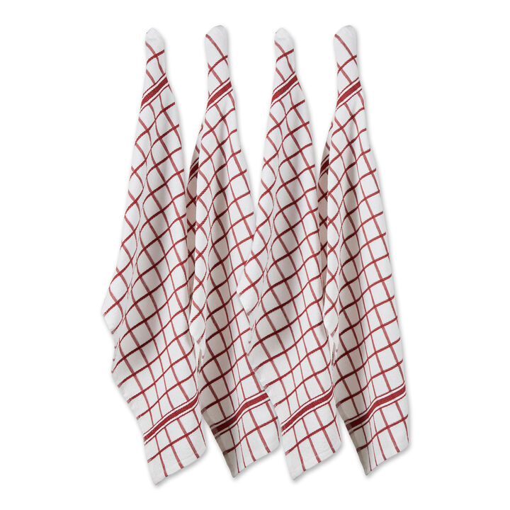 Set of 4 Barn Red and White Windowpane Terry Dish Towel  26"