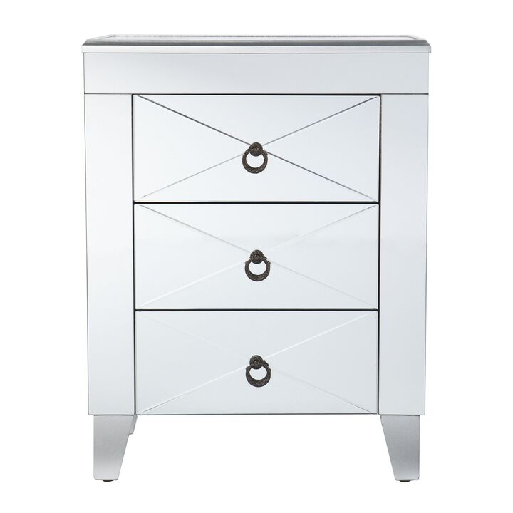 Homezia 26" Silver Manufactured Wood And Iron Rectangular Mirrored End Table With Three Drawers And
