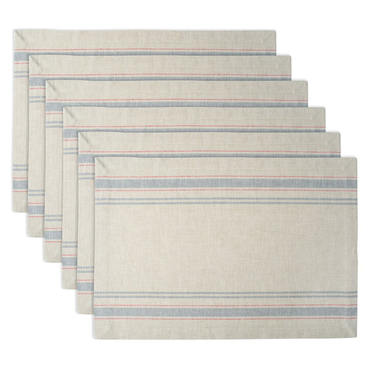 Set of 6 Gray and Blue French Stripe Rectangular Placemats 19" x 13"